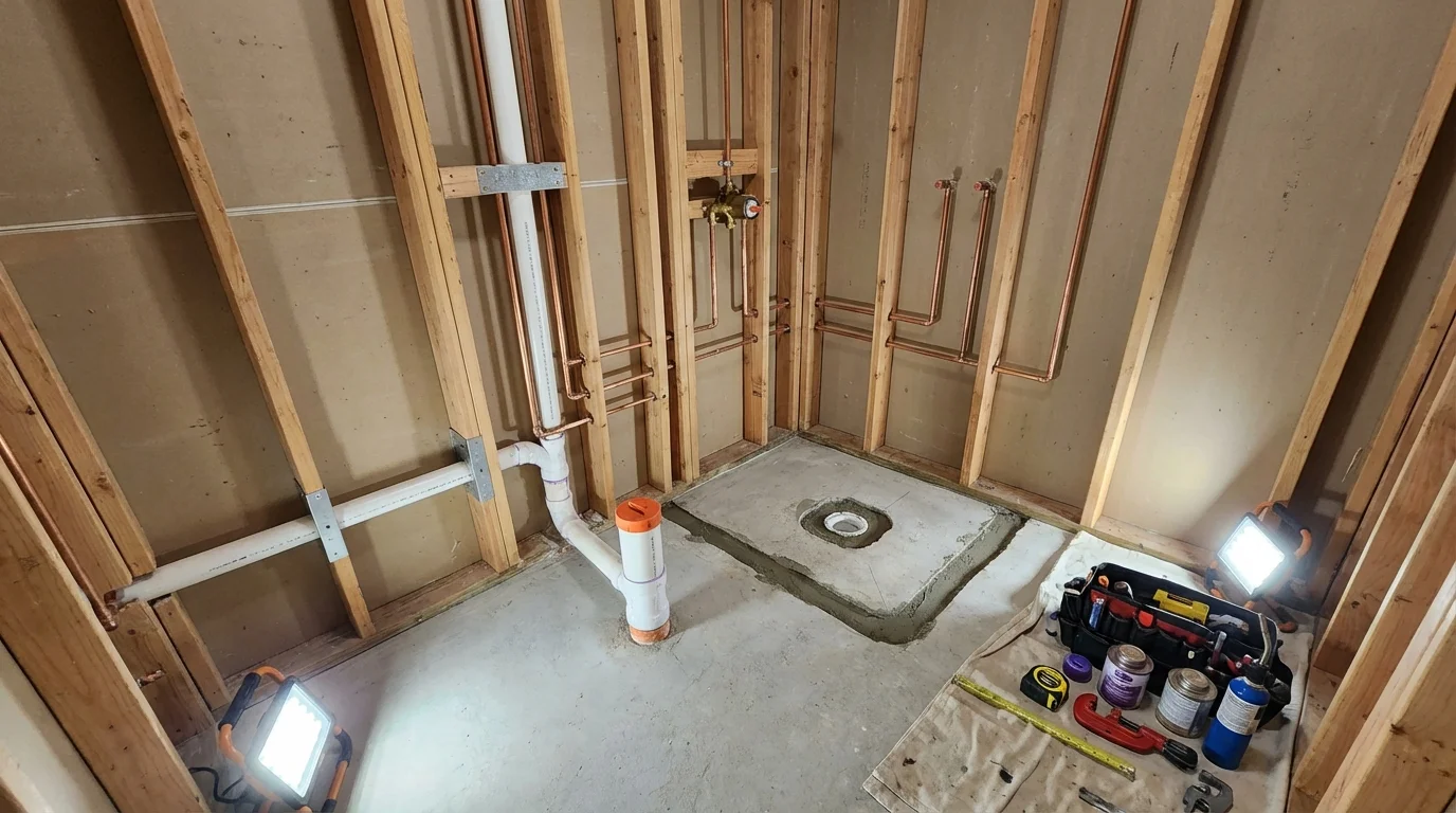 Bathroom rough-in plumbing during remodel by Johns Plumbing LLC in Sunbury