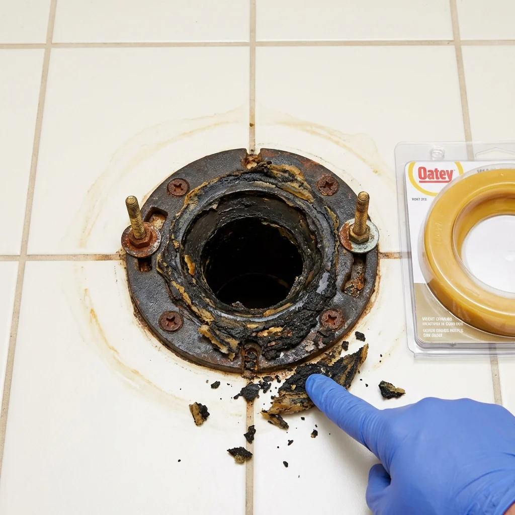 Failed wax ring showing water seepage at the base of a toilet in a Sunbury, OH home