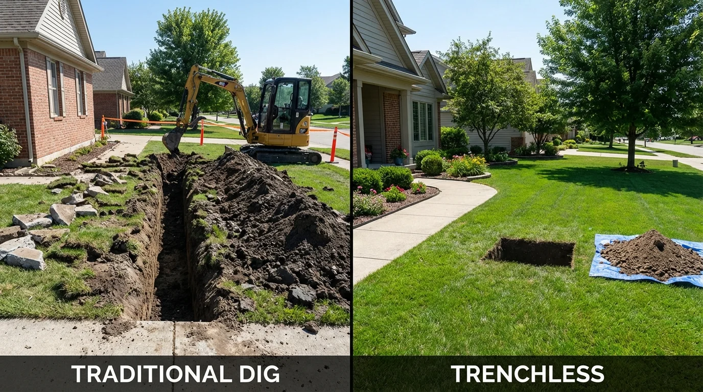 Trenchless sewer repair with minimal yard damage versus traditional excavation in Sunbury, OH