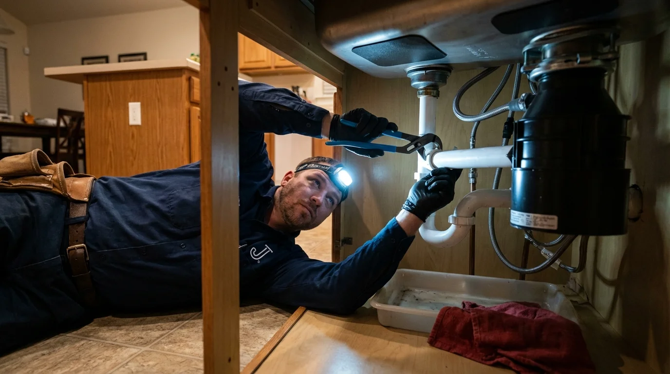 P-trap and supply line connections under a kitchen sink showing a common leak point in Sunbury, OH